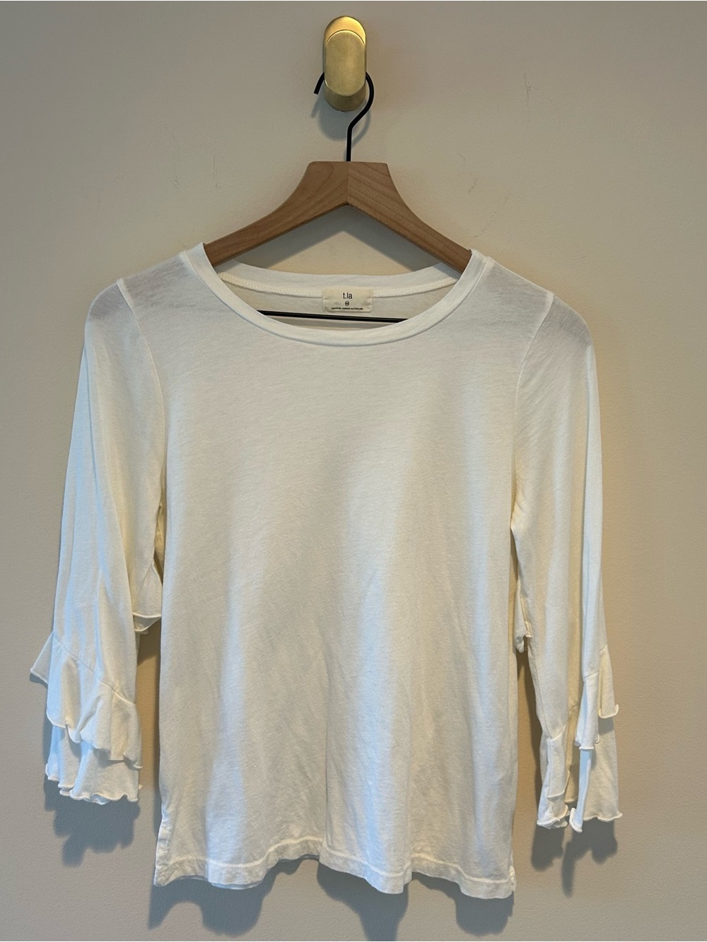 T.La Anthropologie Chelsea White Ruffle-Sleeve Long Sleeve Tee Shirt Top